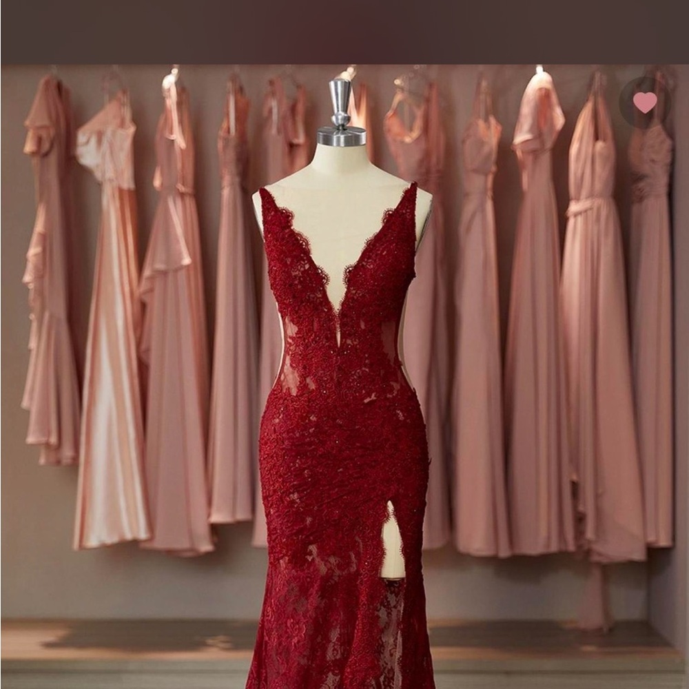 Deep Red Lace Mermaid Prom Dress with Plunge Neck